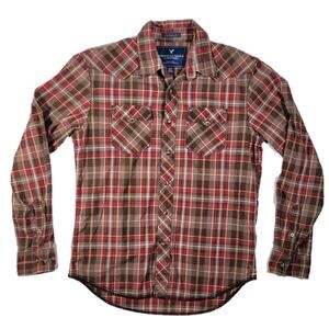 American Eagle Pearl Snap Plaid Western Shirt Men M Vintage Fit Brown Red Cotton
